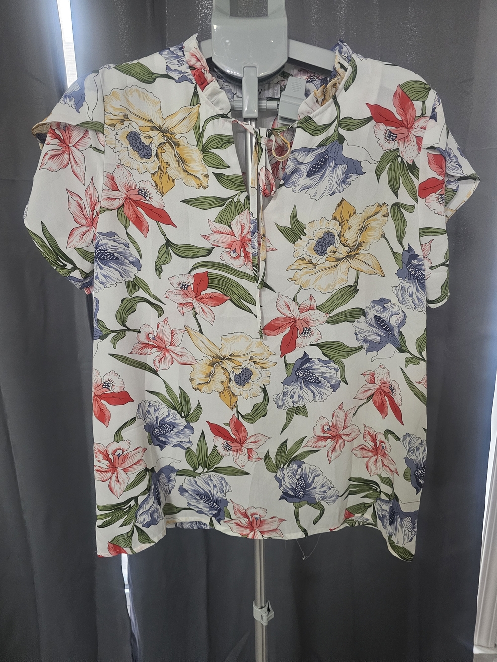 Ovi White Floral Tie-Neck Blouse with Red, Yellow & Blue Blooms